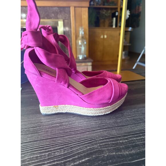 UGG Wedge Magenta Suede Nubuck Leather Espadrille Crossover Platforms Sz. 8.5 - Picture 5 of 10